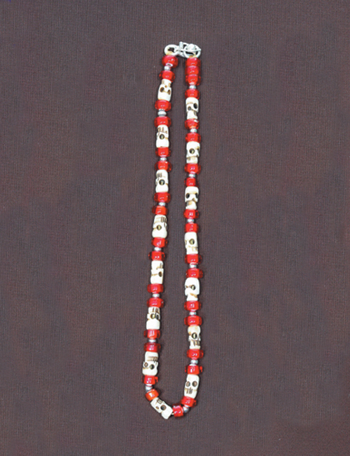 ビーズネックレス　スカル　赤　40cm